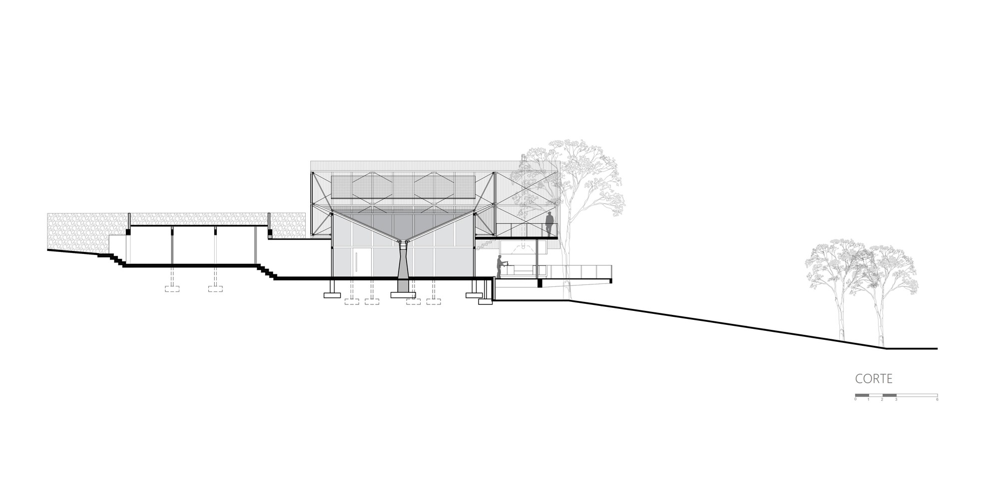 Section drawing showing a central elevated volume with glazed enclosure on a sloping site with trees