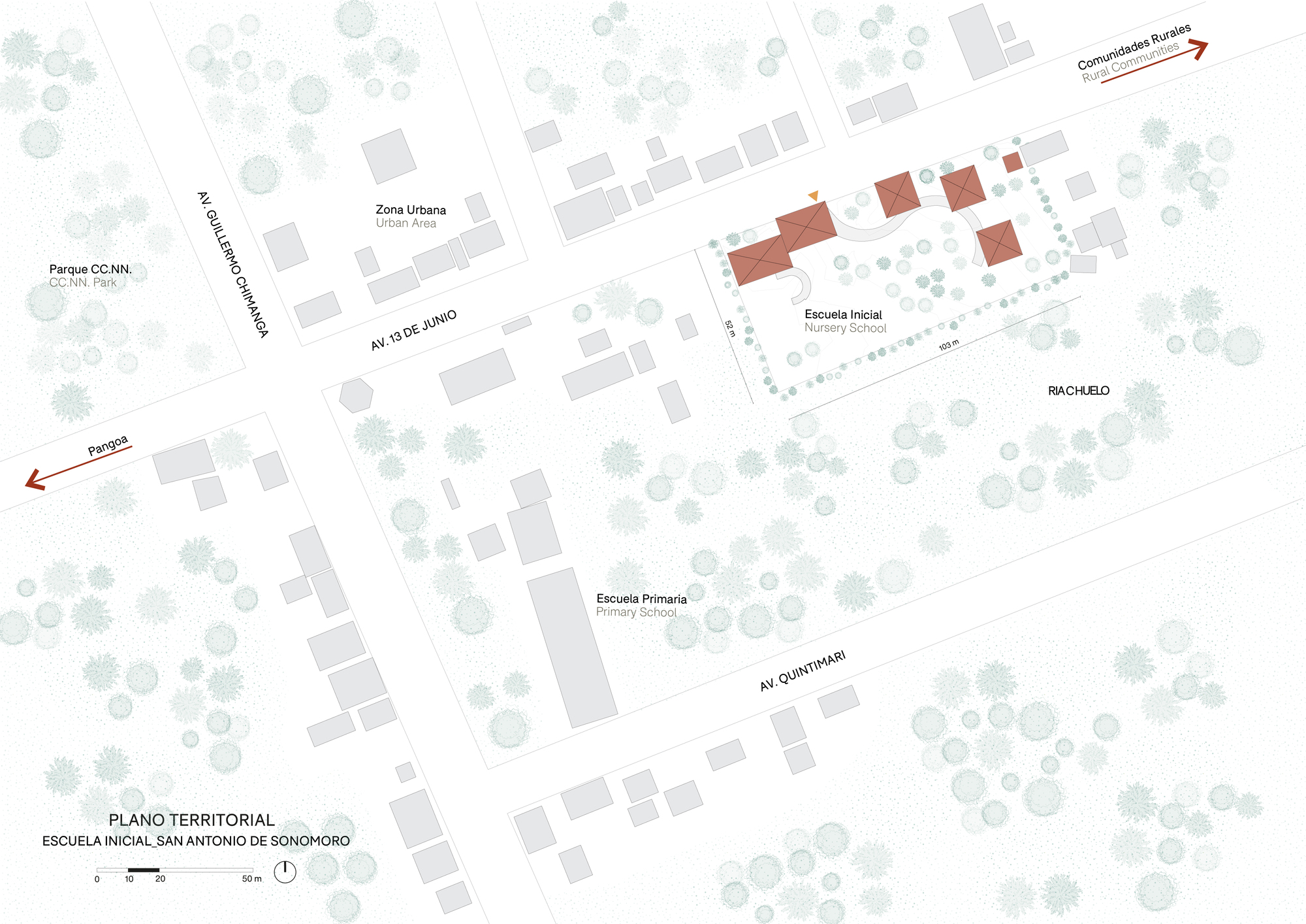 Site plan drawing showing red building clusters among trees along two intersecting avenues