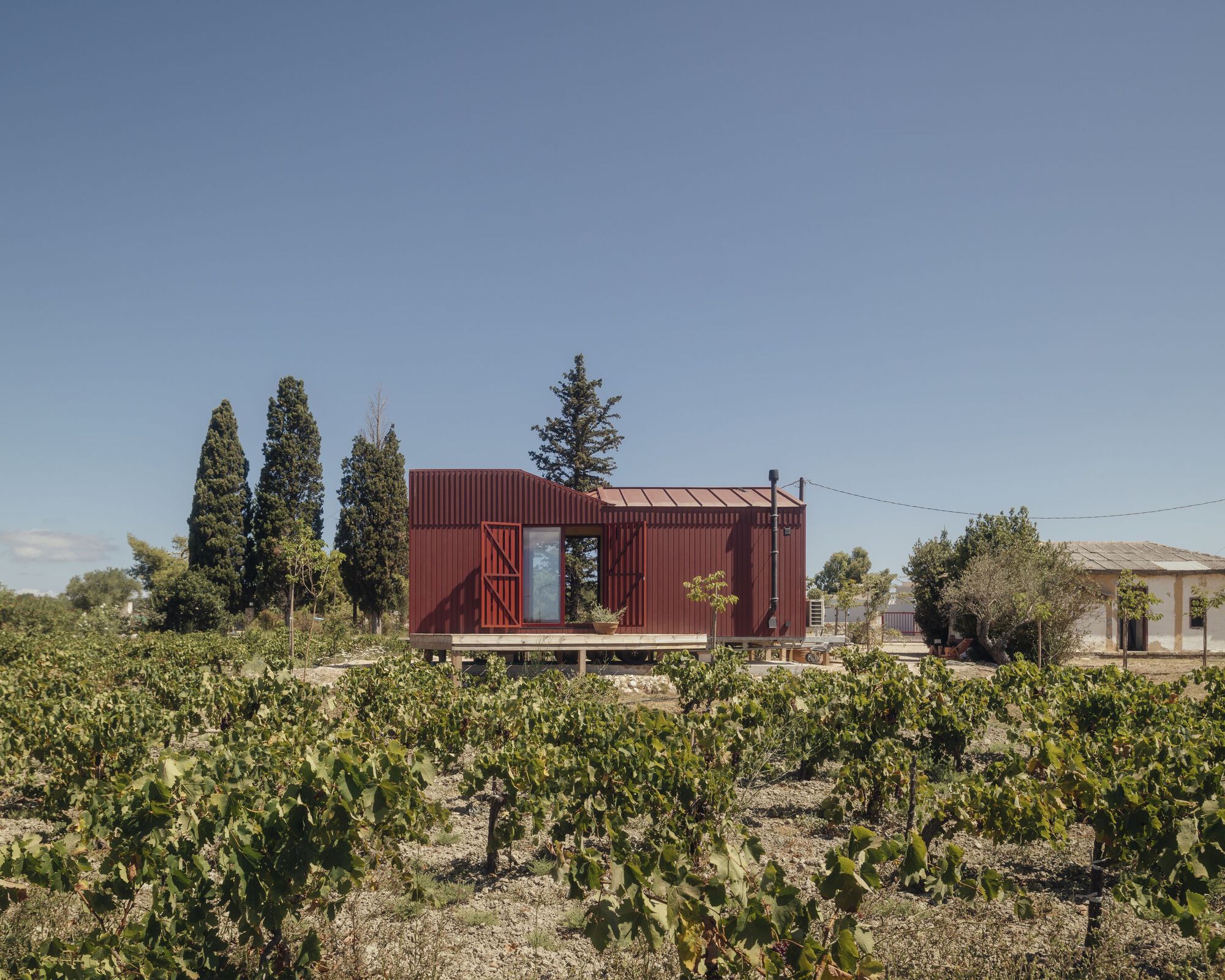 Long view of the red metal volume on its timber deck framed by cypress trees and vineyards