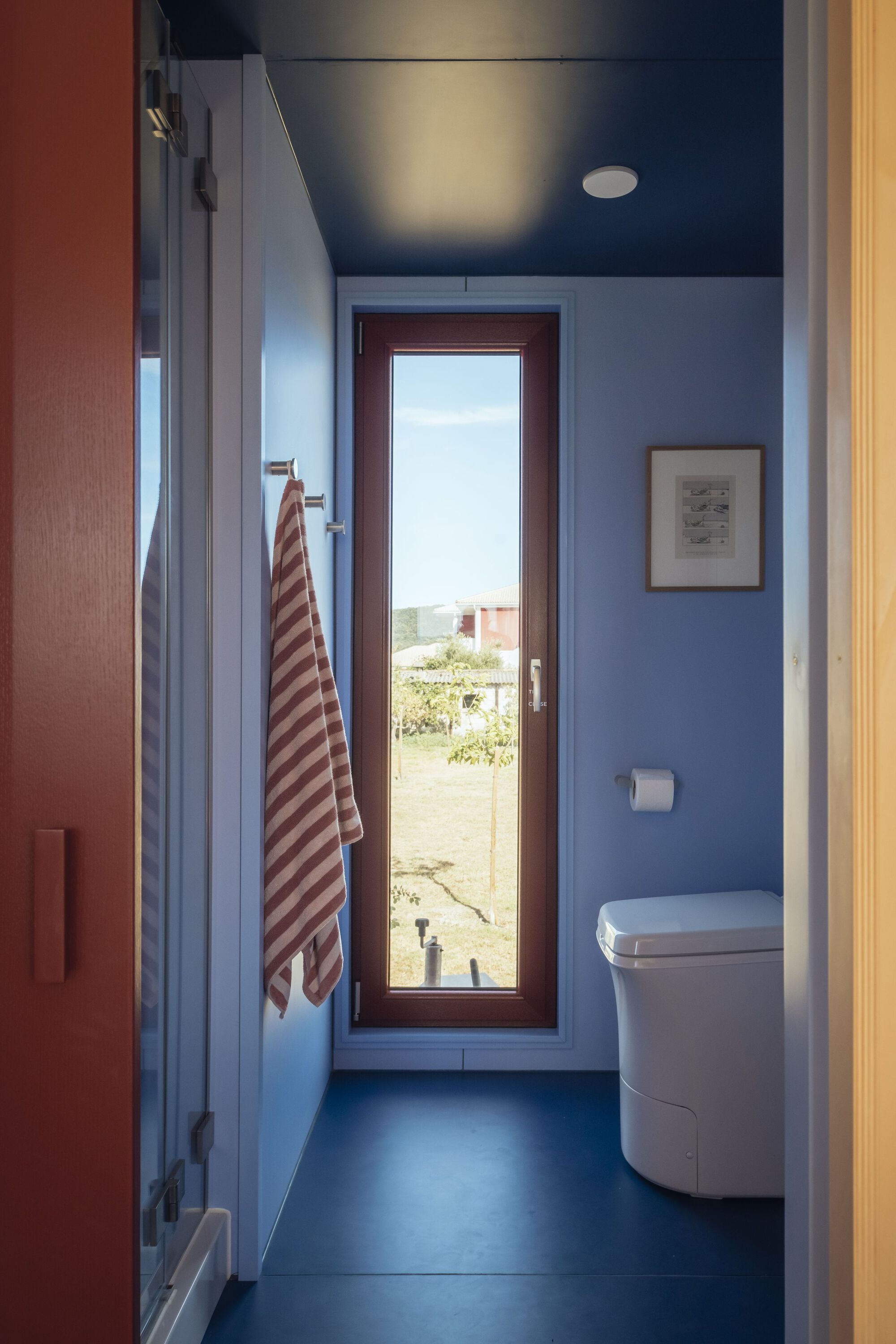 Narrow bathroom with blue walls, dark ceiling, and tall glazed door framing a landscape view