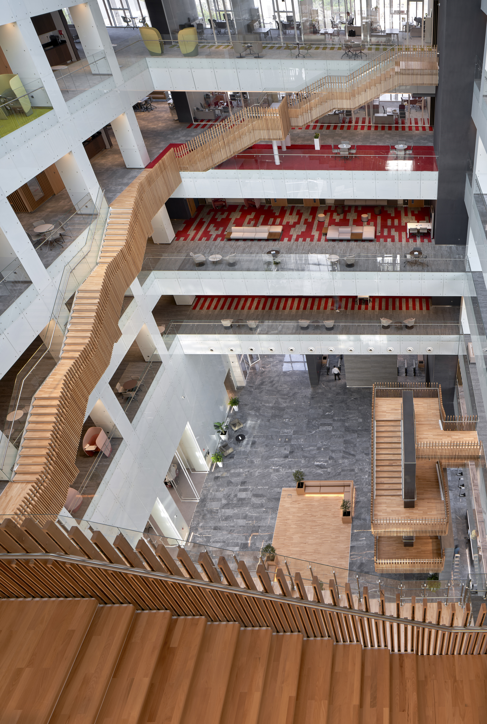 Looking down into a multi-story atrium with slatted timber staircase wrapping around white volumes