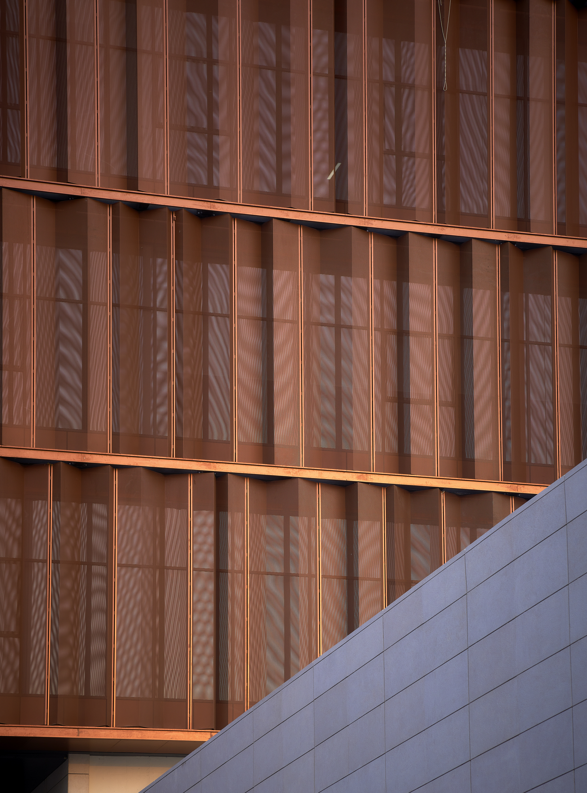 Close-up of the copper vertical fins with palm tree shadows reflected on the translucent panels
