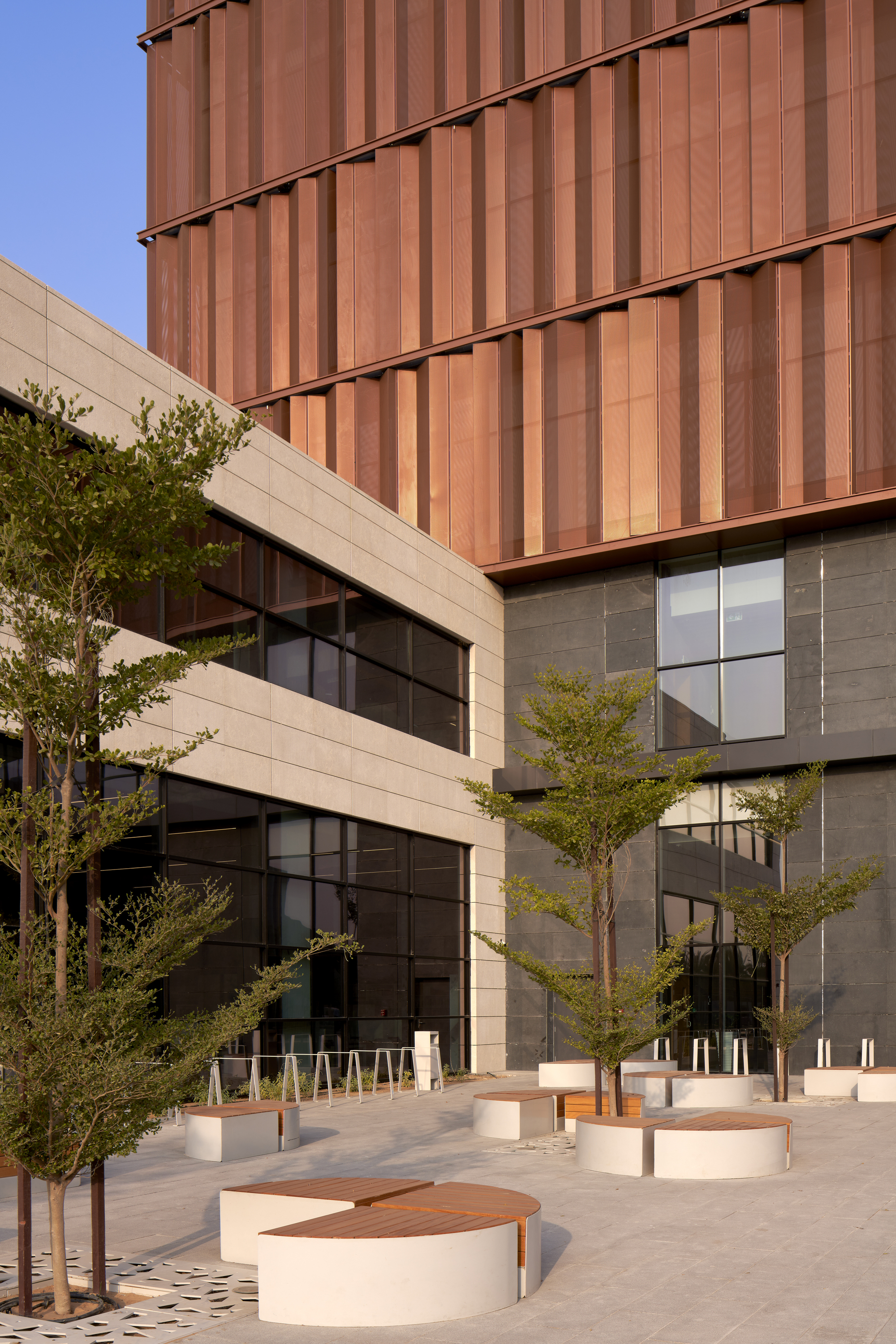 Courtyard with curved stone benches and young trees beneath copper-clad and glass-clad facades in afternoon light