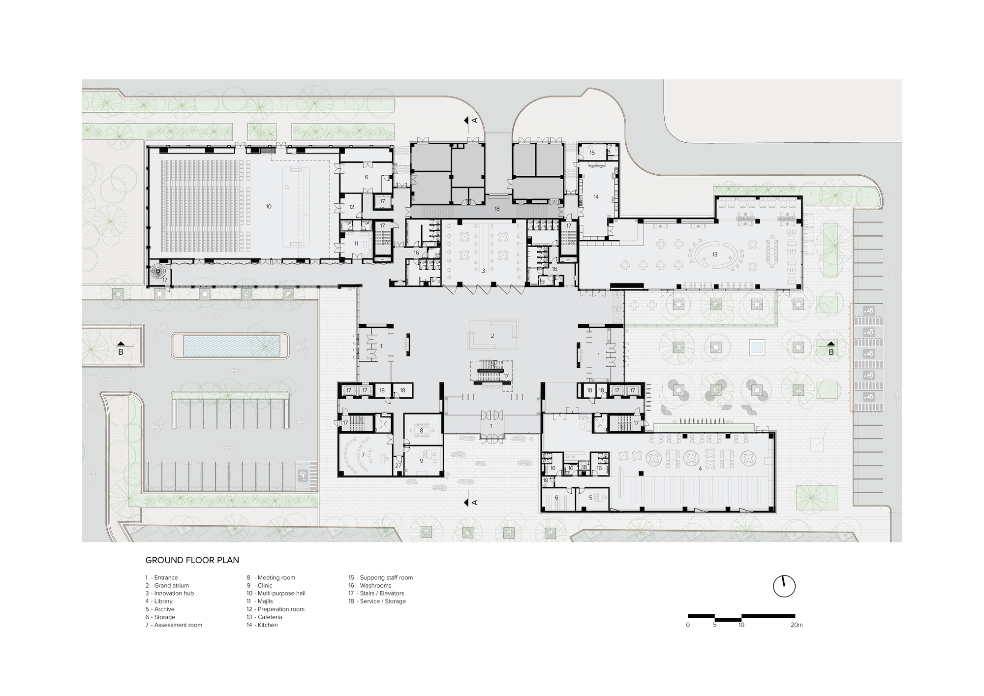 Ground floor plan drawing showing distributed program zones around central courtyards with parking and landscaping