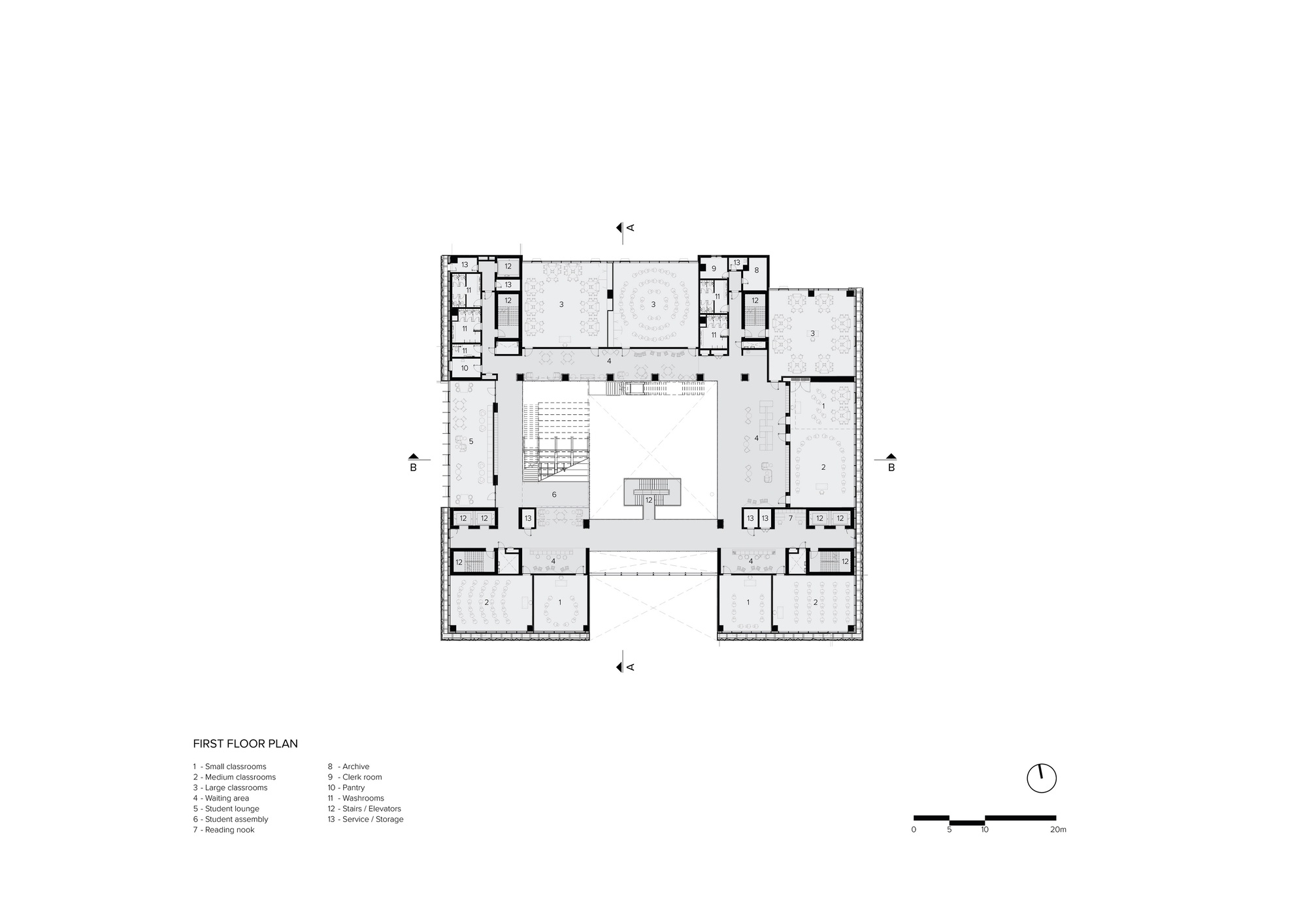 First floor plan showing a courtyard surrounded by rooms with a central stairwell