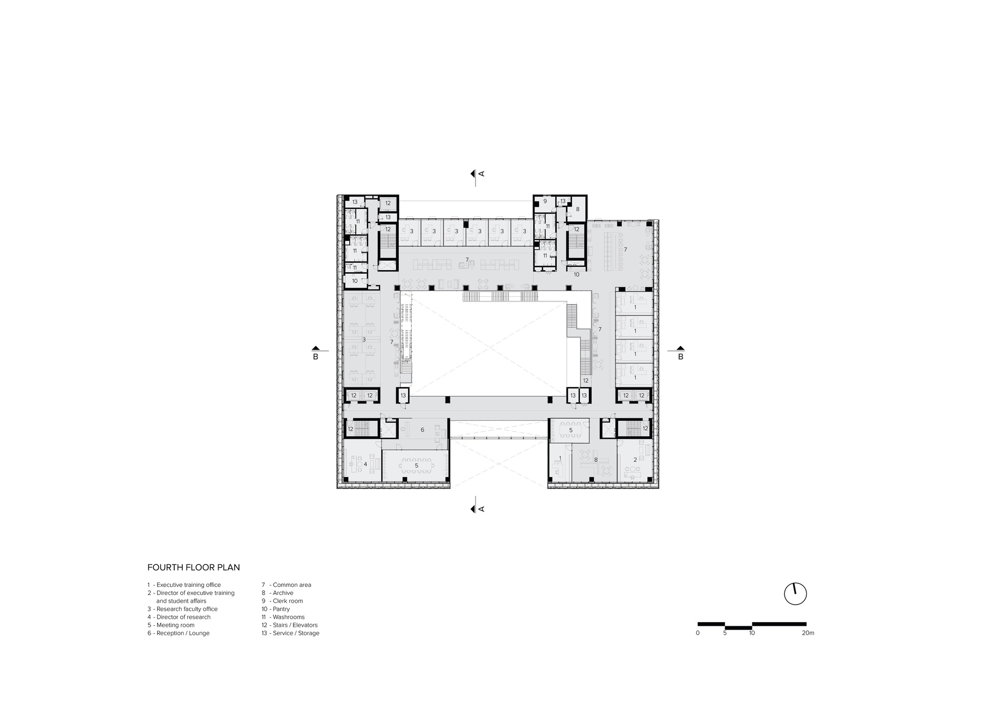 Fourth floor plan showing open areas and meeting spaces around a central courtyard