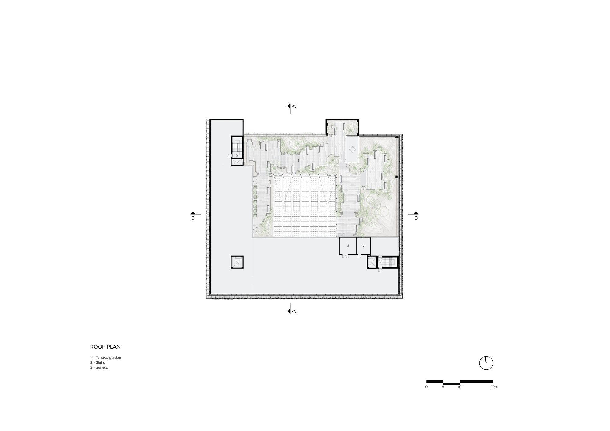 Roof plan showing a grid structure and terrace areas with planted zones