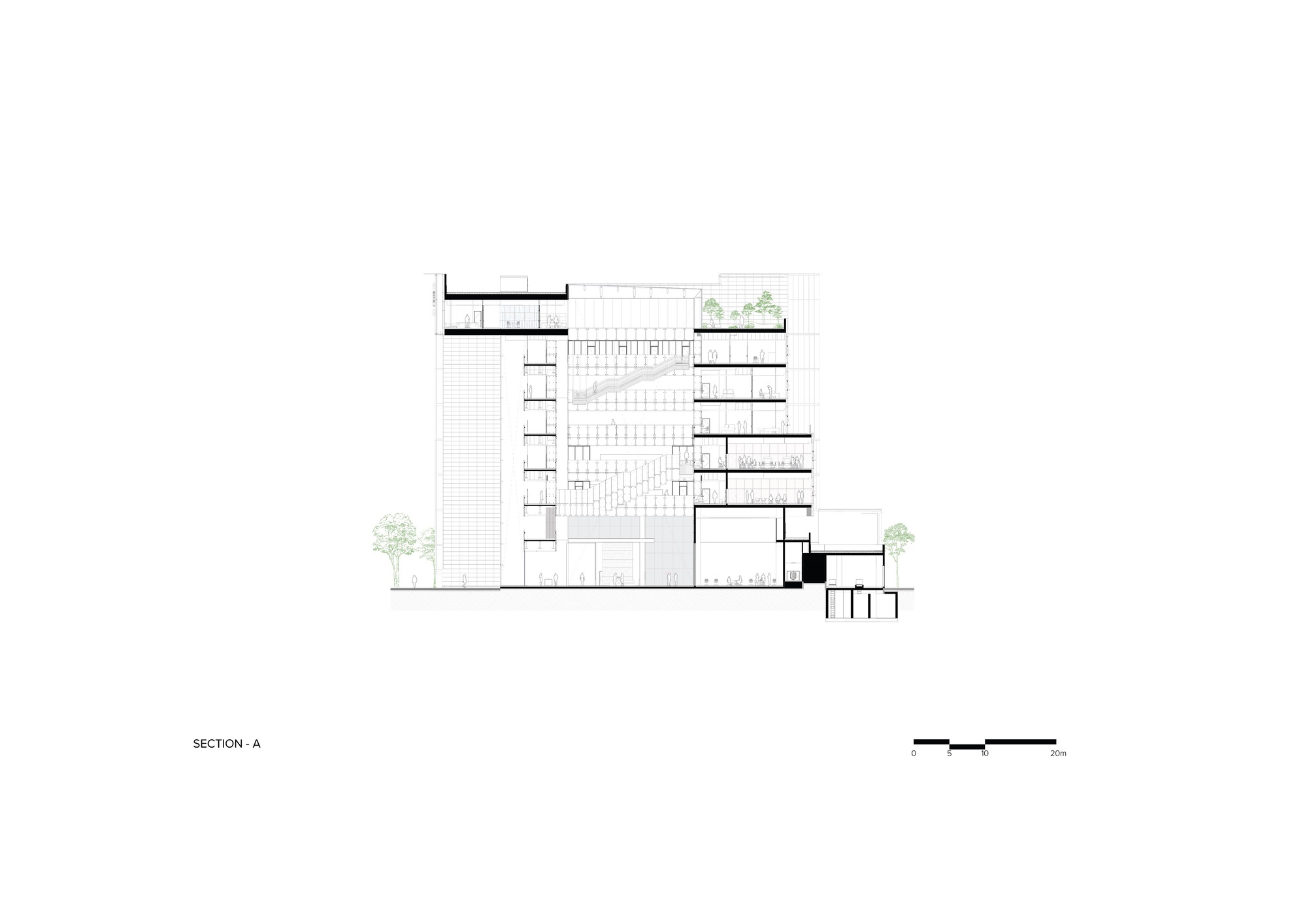Section drawing showing a multi-story volume with staggered floors and rooftop planting