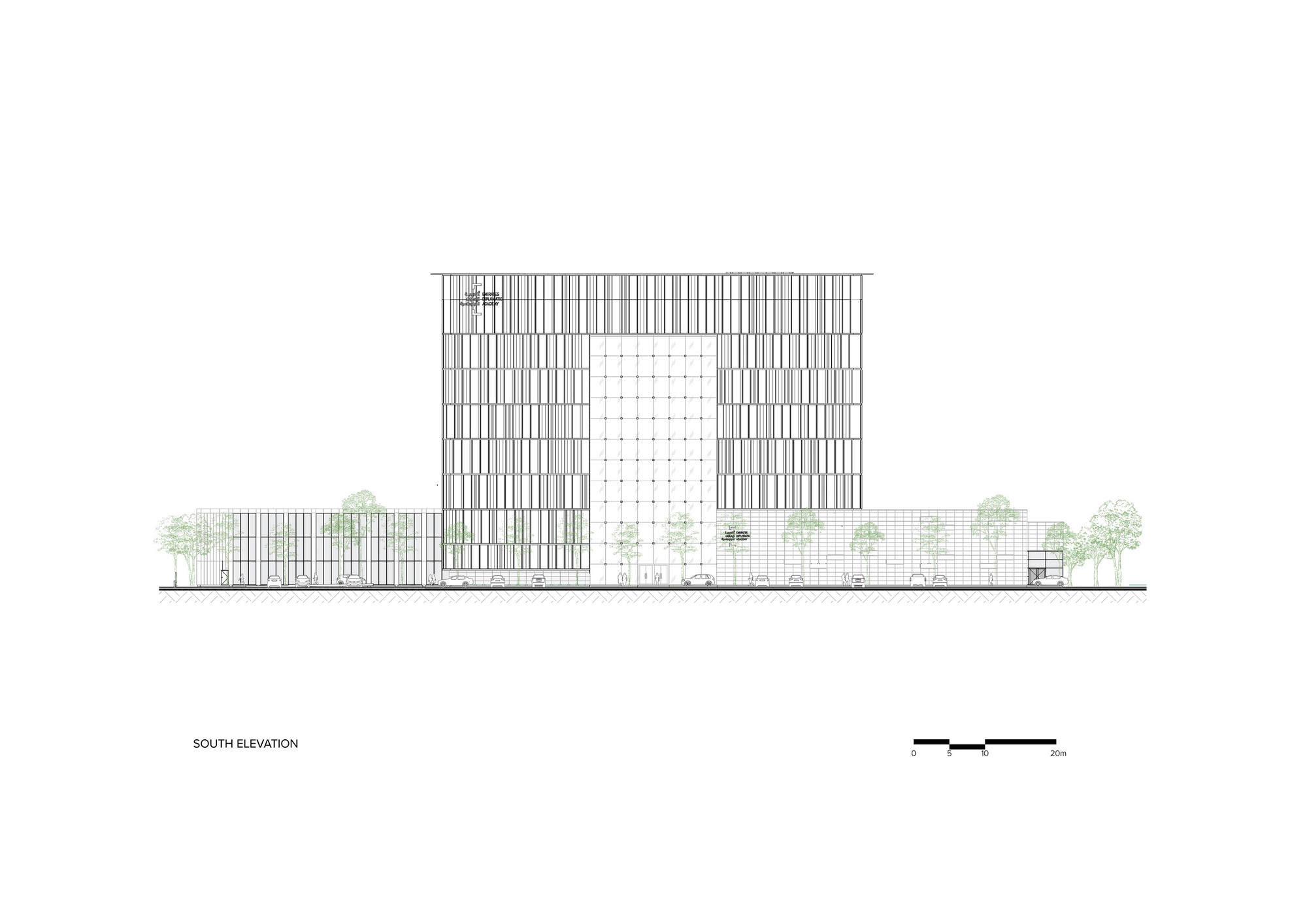 South elevation drawing showing vertical facade elements and ground-level landscaping with trees