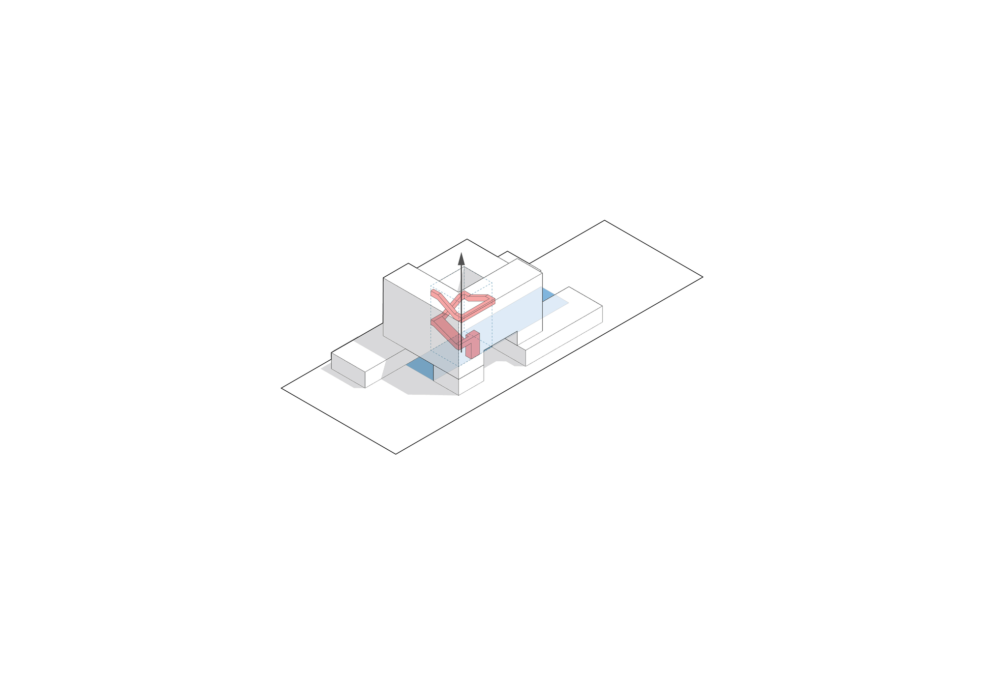 Isometric drawing highlighting vertical and horizontal circulation patterns through color-coded arrows in the central core