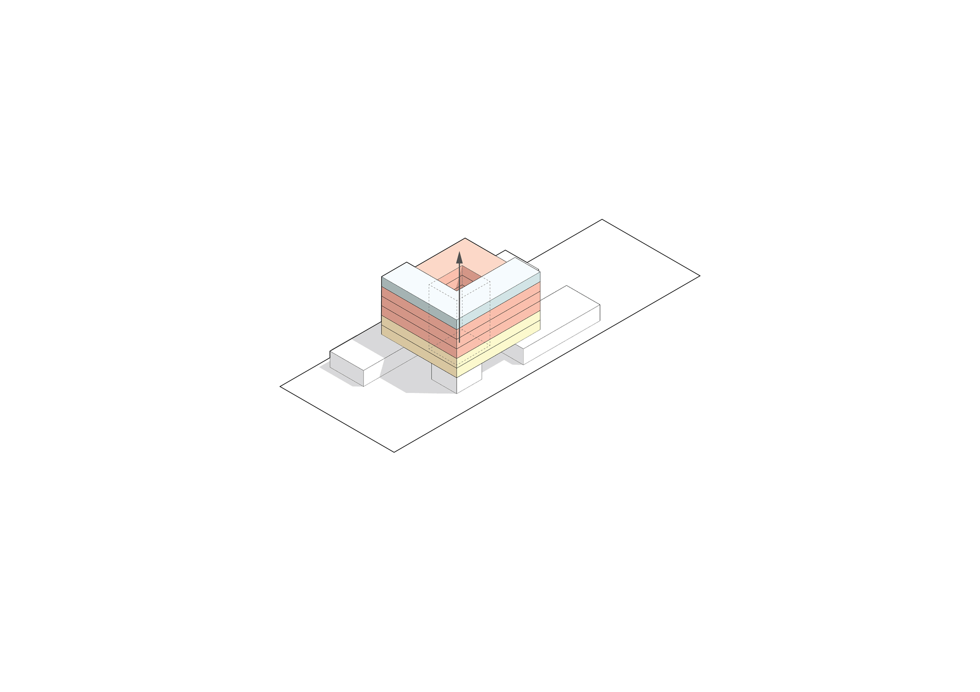 Axonometric diagram showing the layered horizontal floor plates stacked around a central atrium space