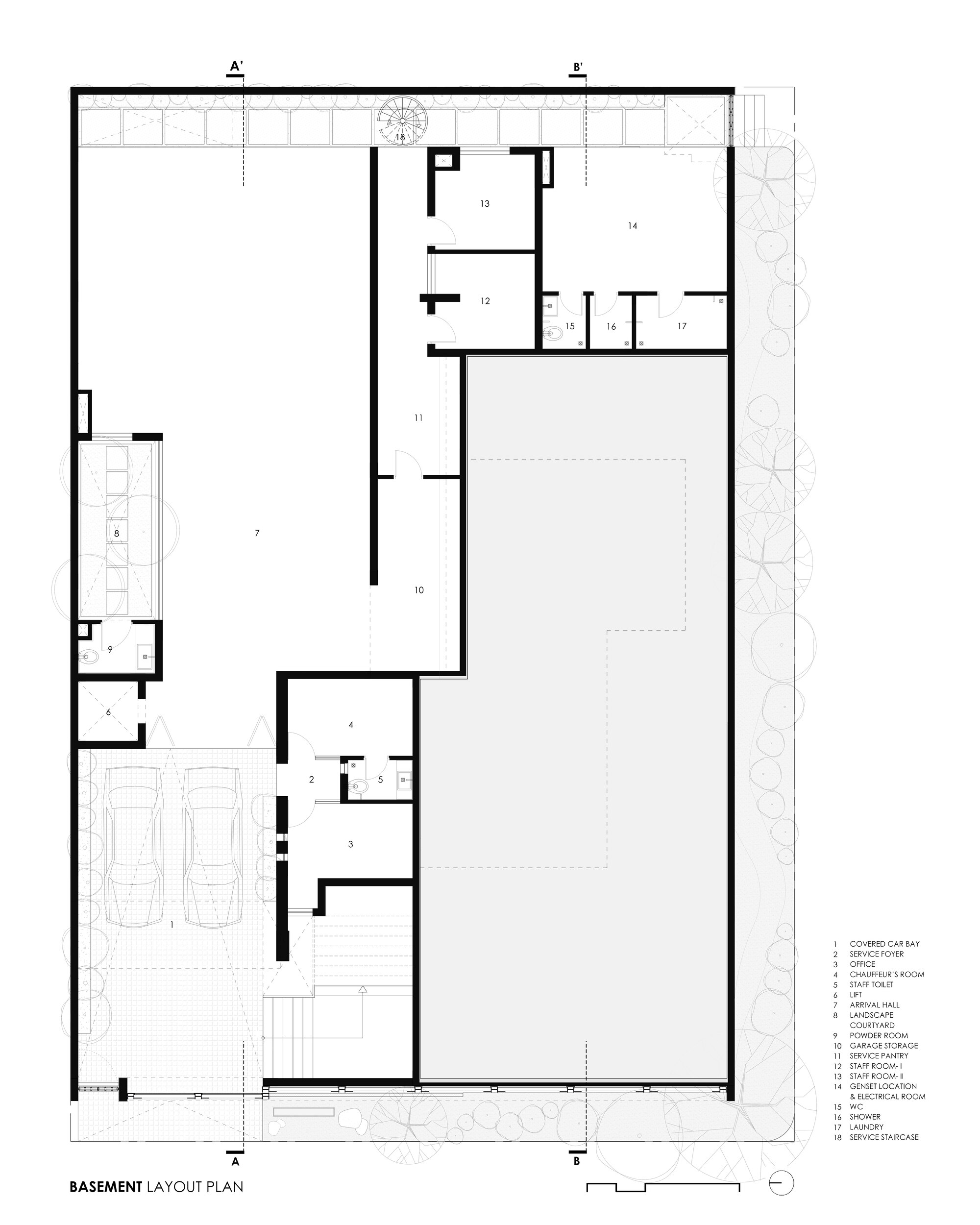 Basement plan drawing showing garage with two cars, service spaces and a large open recreation area