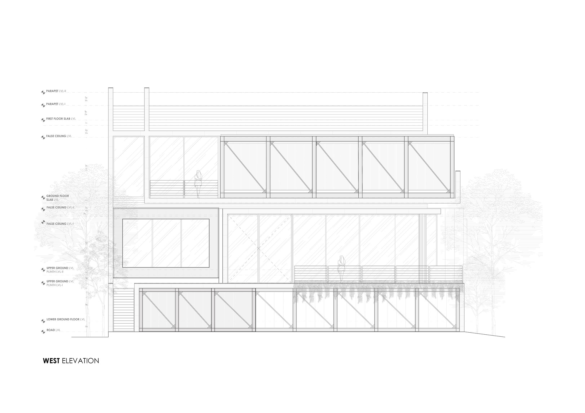 West elevation drawing showing three-story facade with diagonal-braced glazing and horizontal louver details