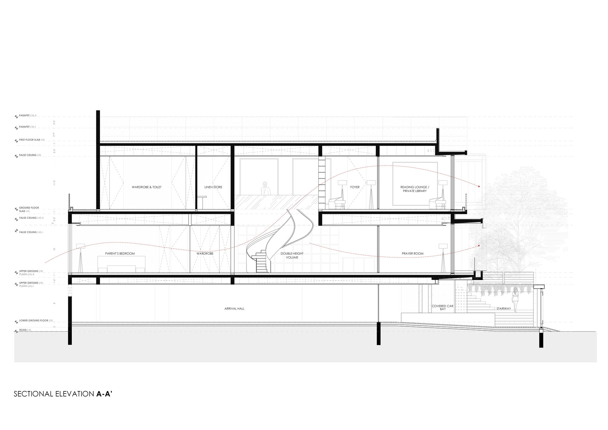 Sectional elevation drawing revealing split-level interior spaces with a curved staircase connecting floors