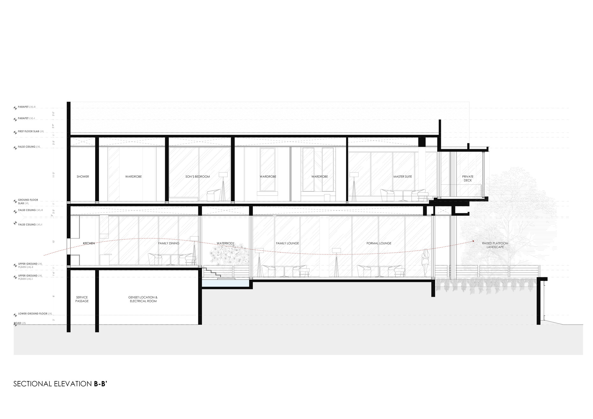 Sectional elevation drawing displaying upper floor bedrooms and lower level living spaces with courtyard