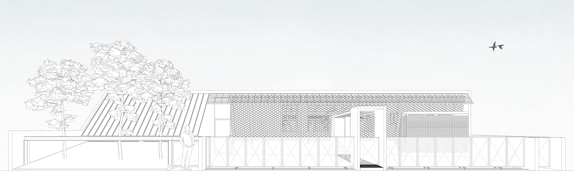 Elevation drawing depicting the horizontal volume with perforated screens and vertical slat facade behind site fencing