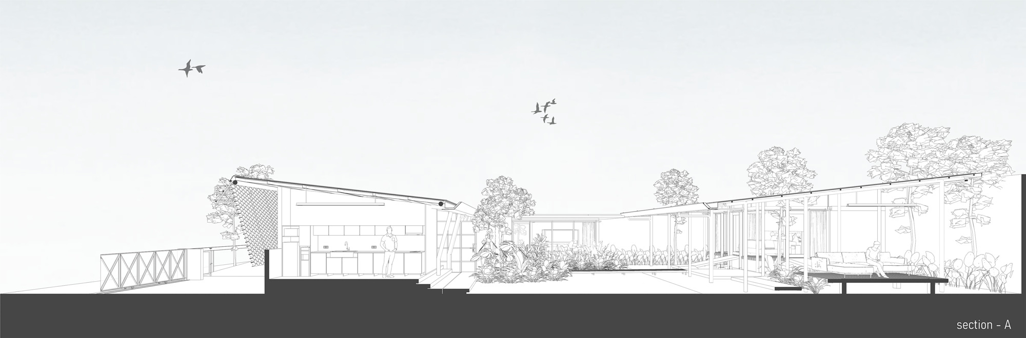 Section drawing showing interior spaces opening onto landscaped courtyards with trees and swimming pool