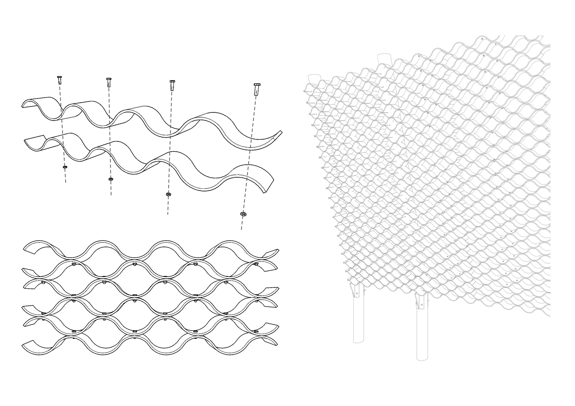 Axonometric drawing showing the layered woven lattice structure supported by cylindrical columns