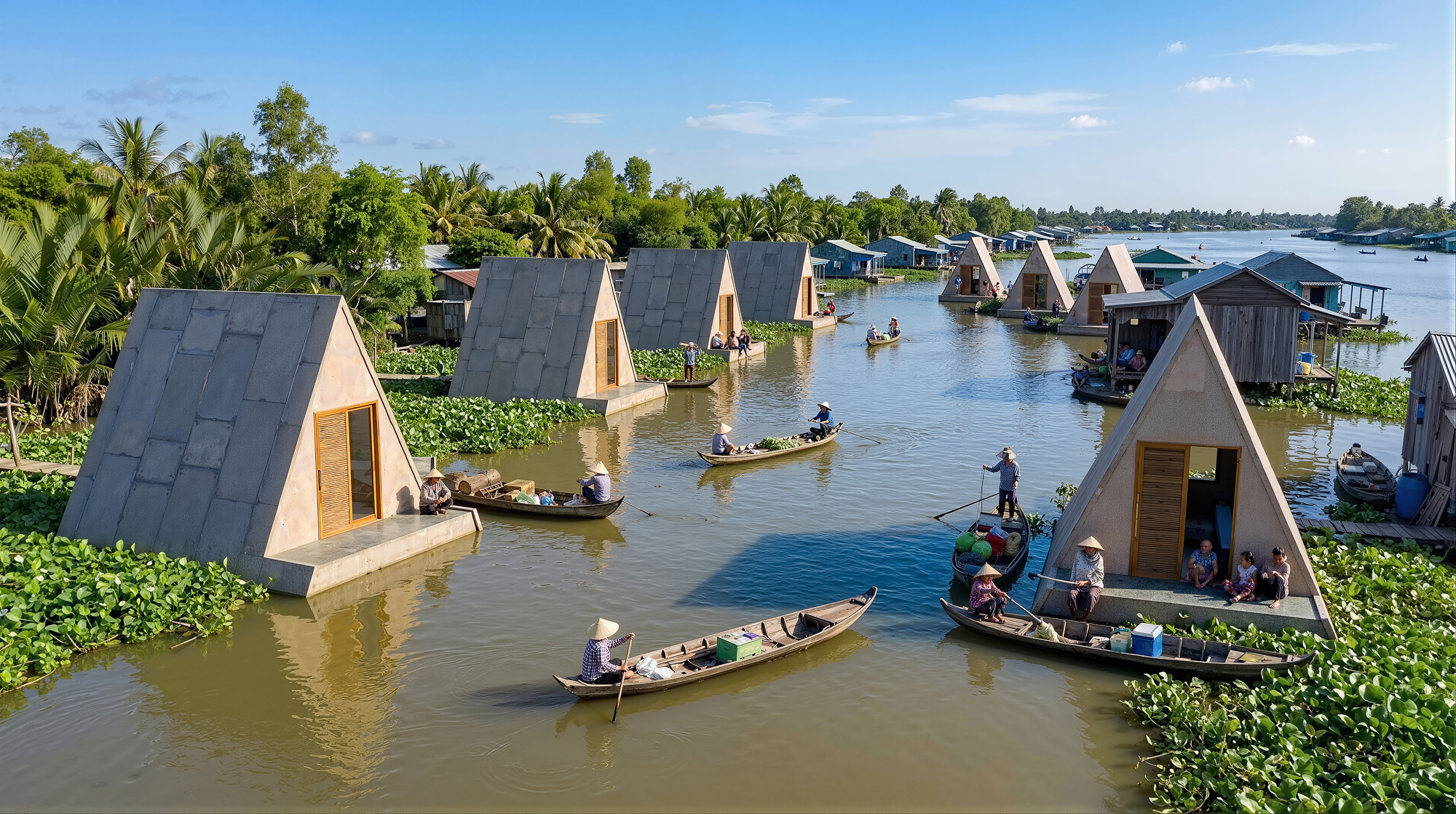Wide view of triangular floating shelters dispersed across a river with boats navigating between floating vegetation