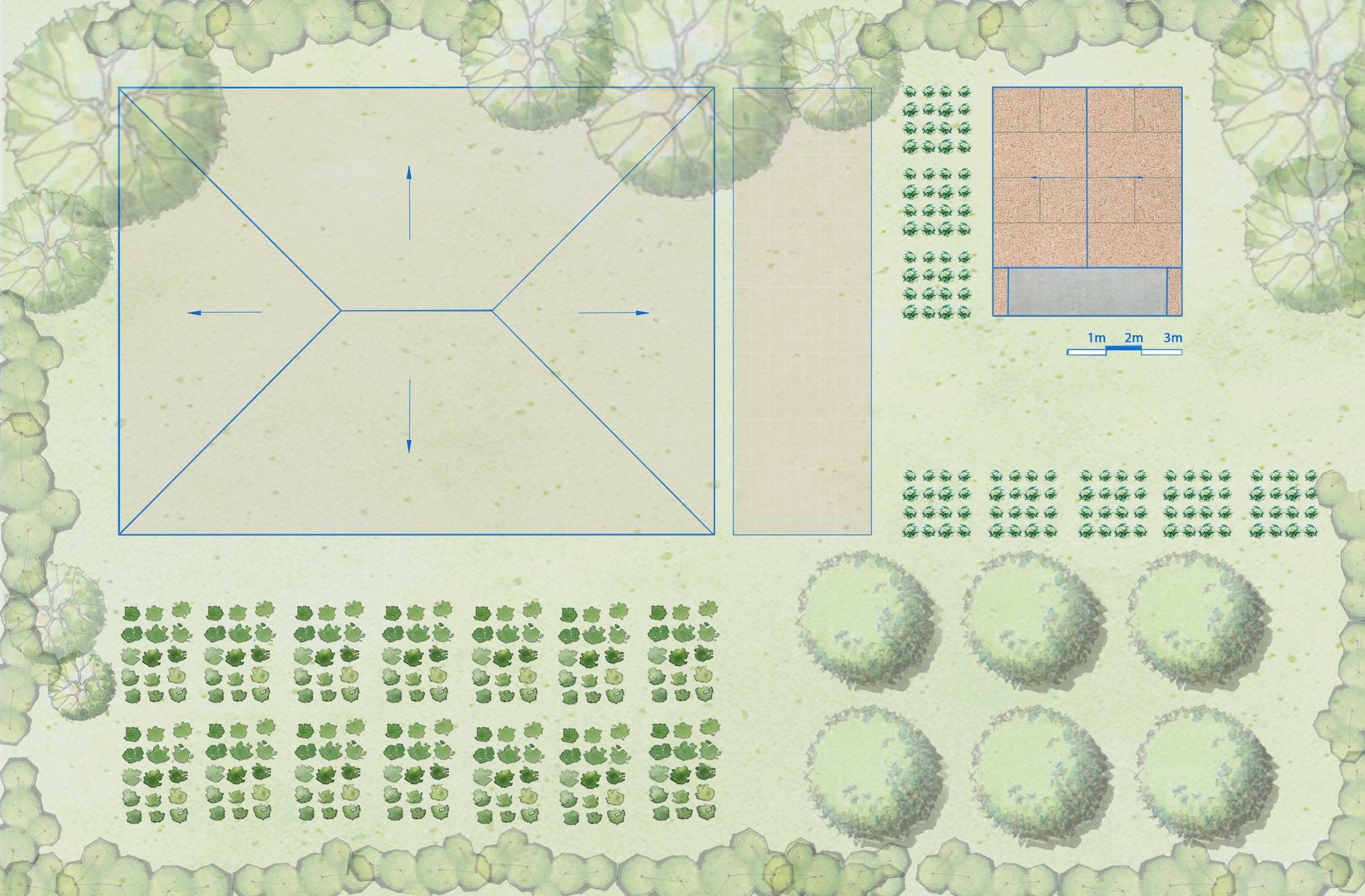 Site plan drawing showing a rectangular building with diagonal roof lines surrounded by orchards and circular tree clusters