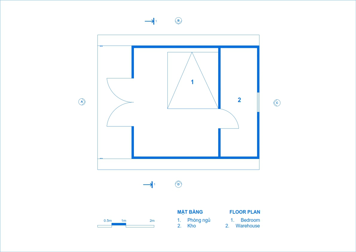 Floor plan drawing illustrating a triangular bedroom space adjacent to a rectangular warehouse area with curved partition walls