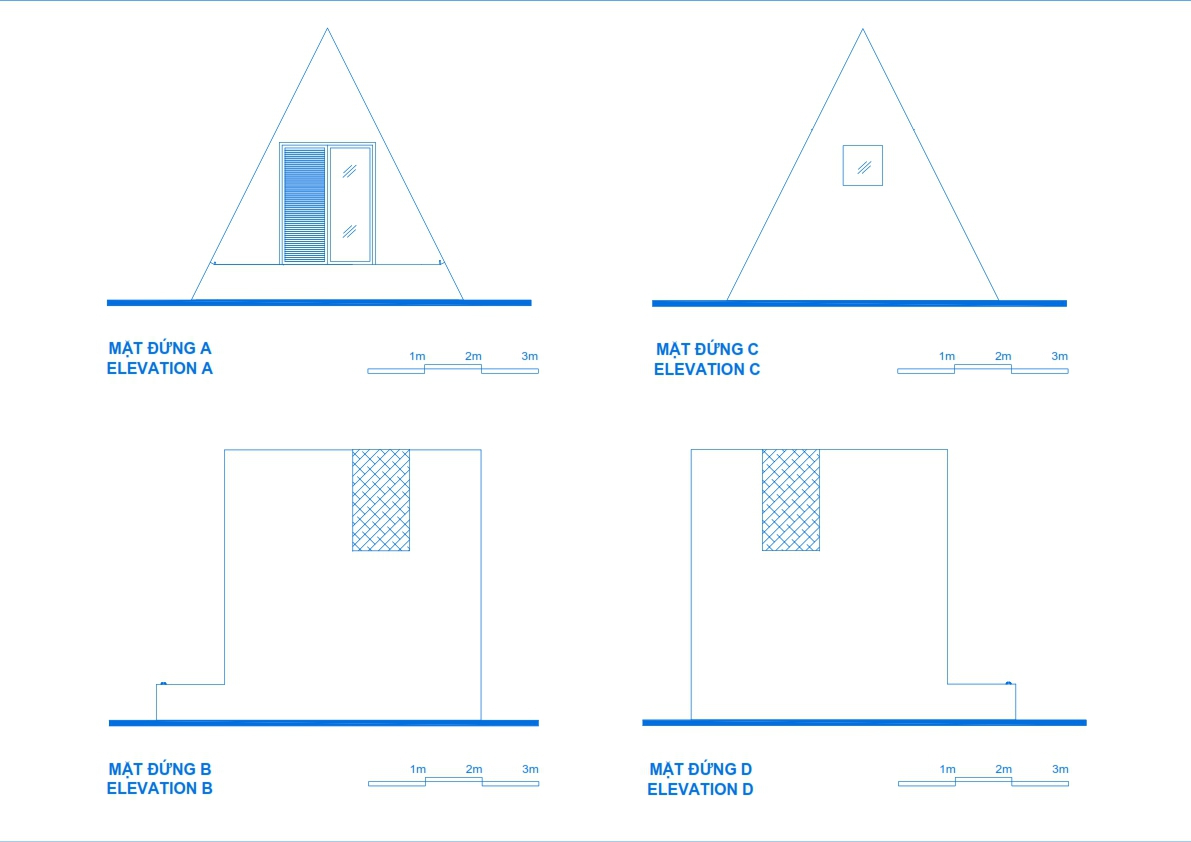 Elevation drawings showing four facades with triangular upper volumes and rectangular bases with central openings