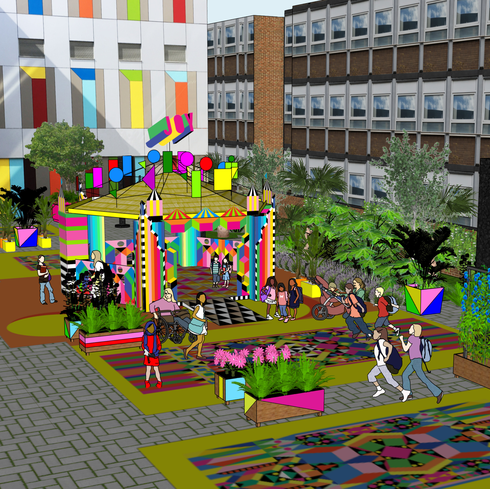 Rendering of a courtyard plaza with multicolored pavilions, plantings, and people gathered between residential buildings