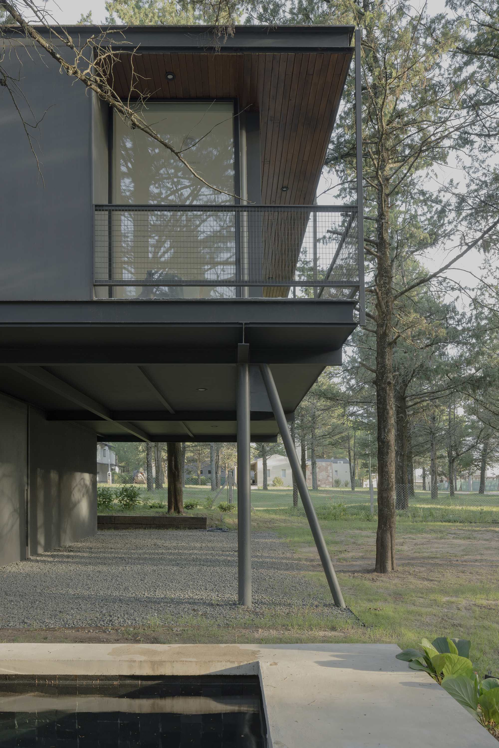 Corner detail of the upper balcony with glass railings and timber soffit above concrete pool edge