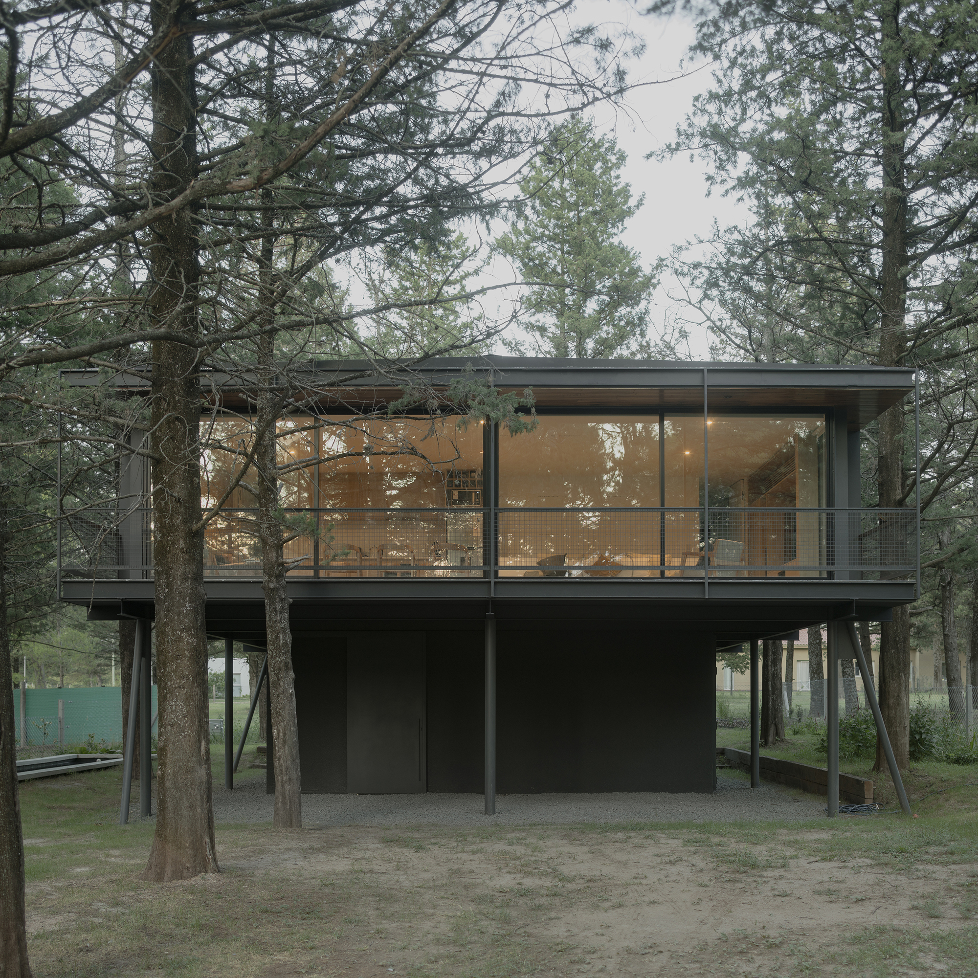 Front elevation showing illuminated interior through full-height glazing on steel pilotis at dusk