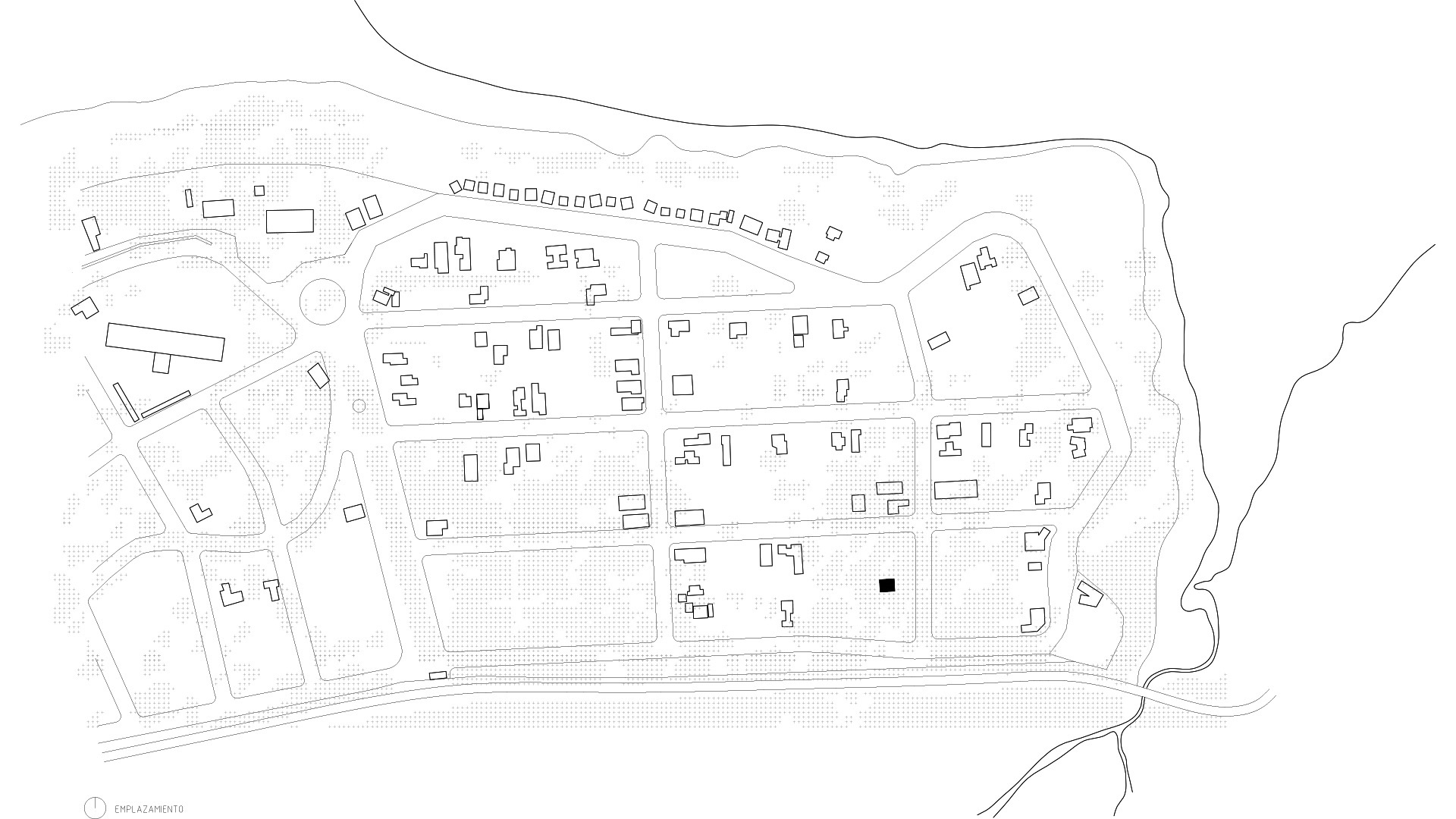 Site plan drawing showing building footprints and landscape layout across an irregular terrain