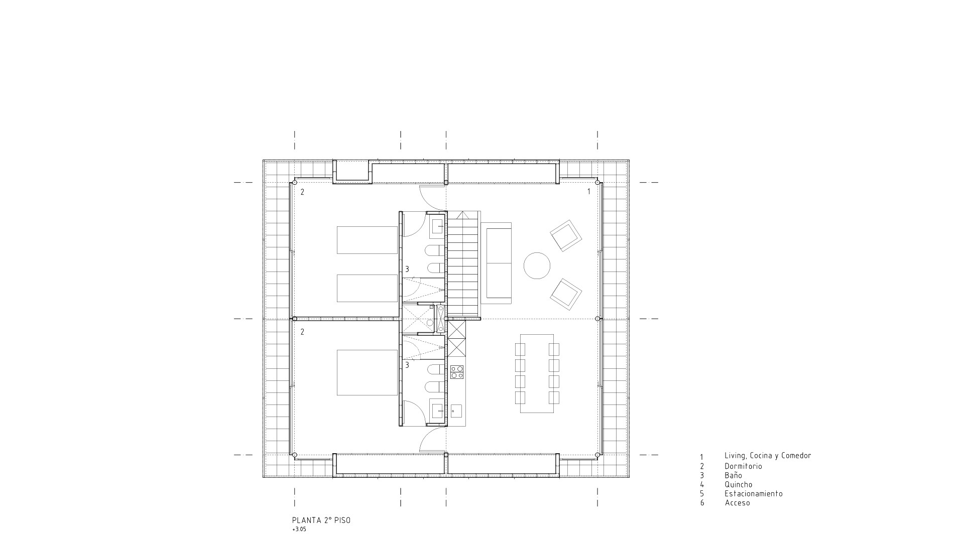 Floor plan drawing showing an open living and dining area with central staircase and perimeter circulation