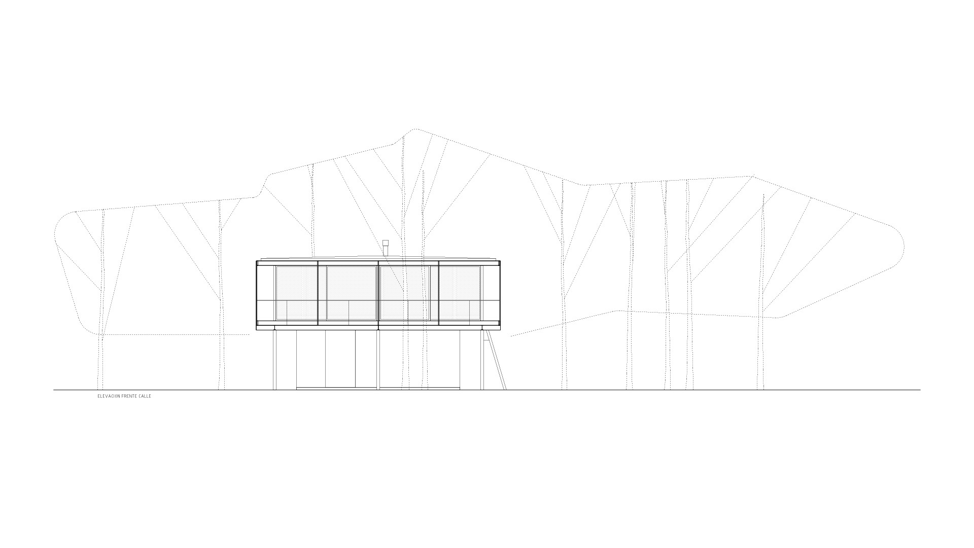 Elevation drawing showing the raised rectangular structure with vertical supports surrounded by tree canopies