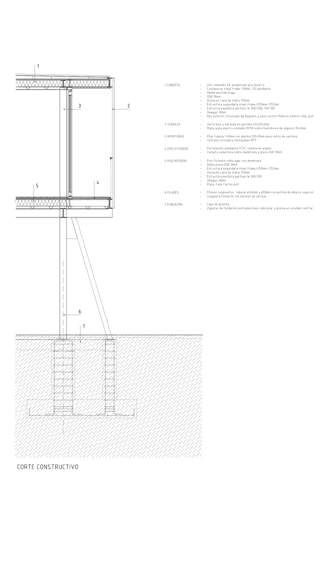 Construction section detail showing foundation, column base, floor assembly and wall layers with annotations