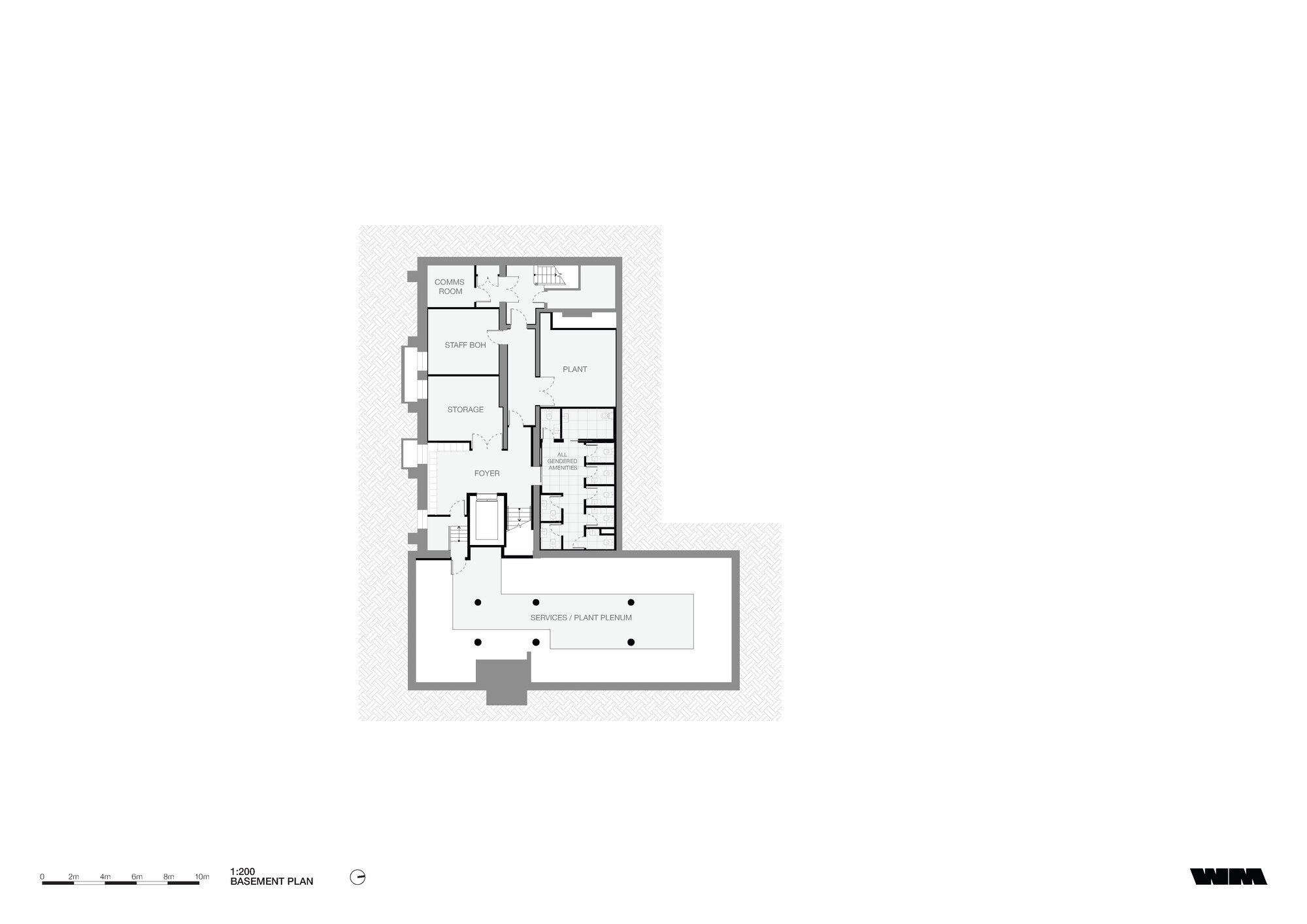 Basement floor plan drawing showing court area, storage spaces and corridor circulation with an outdoor terrace