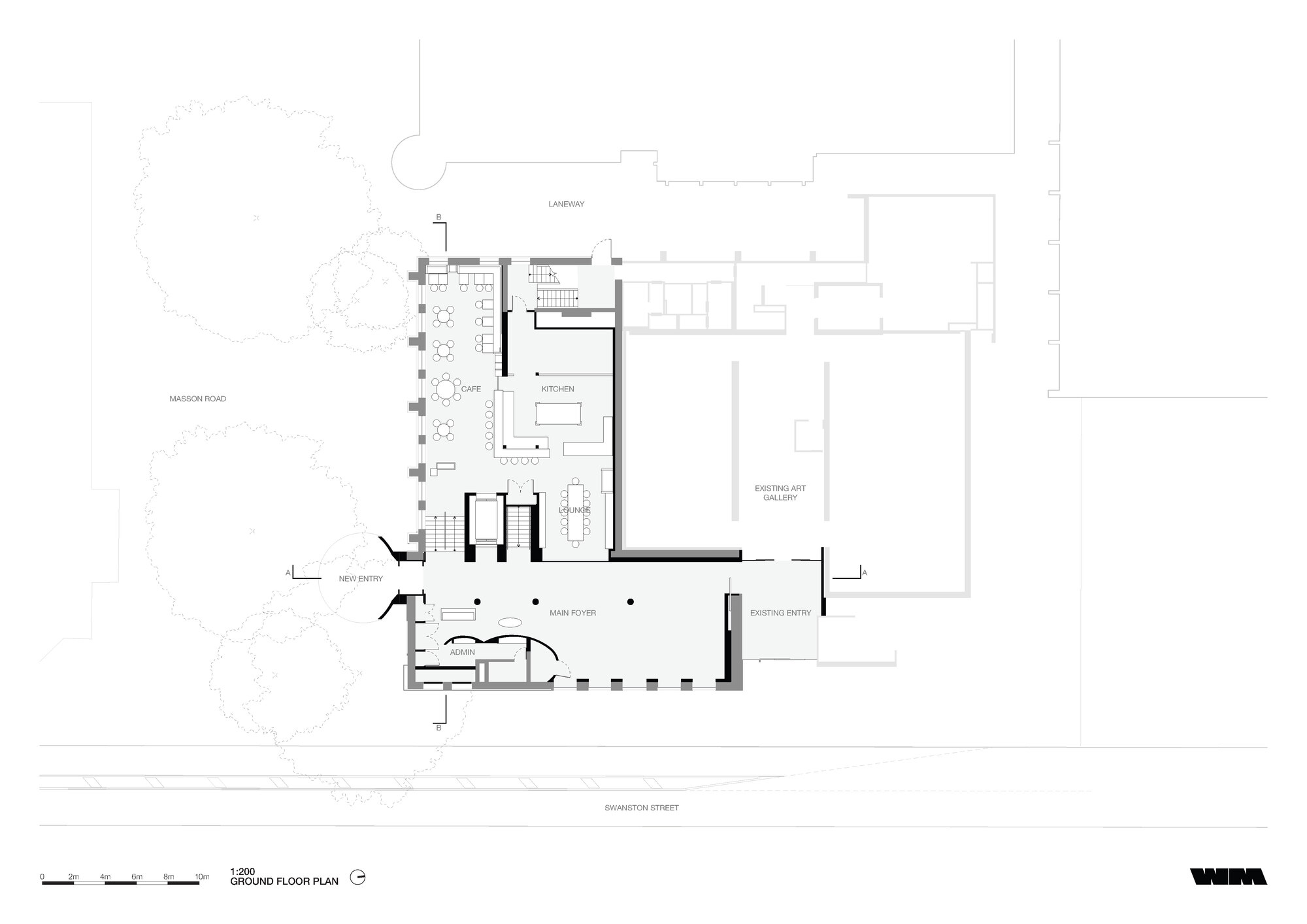Ground floor plan drawing showing main entry, gallery space, kitchen and existing art gallery with adjacent trees