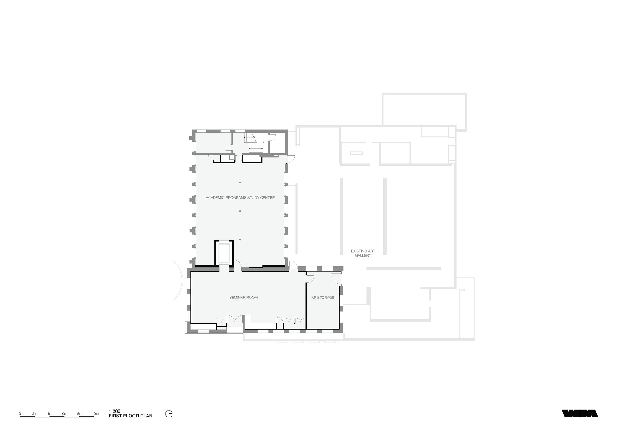 First floor plan drawing showing academic program study center, seminar room and art storage adjacent to gallery