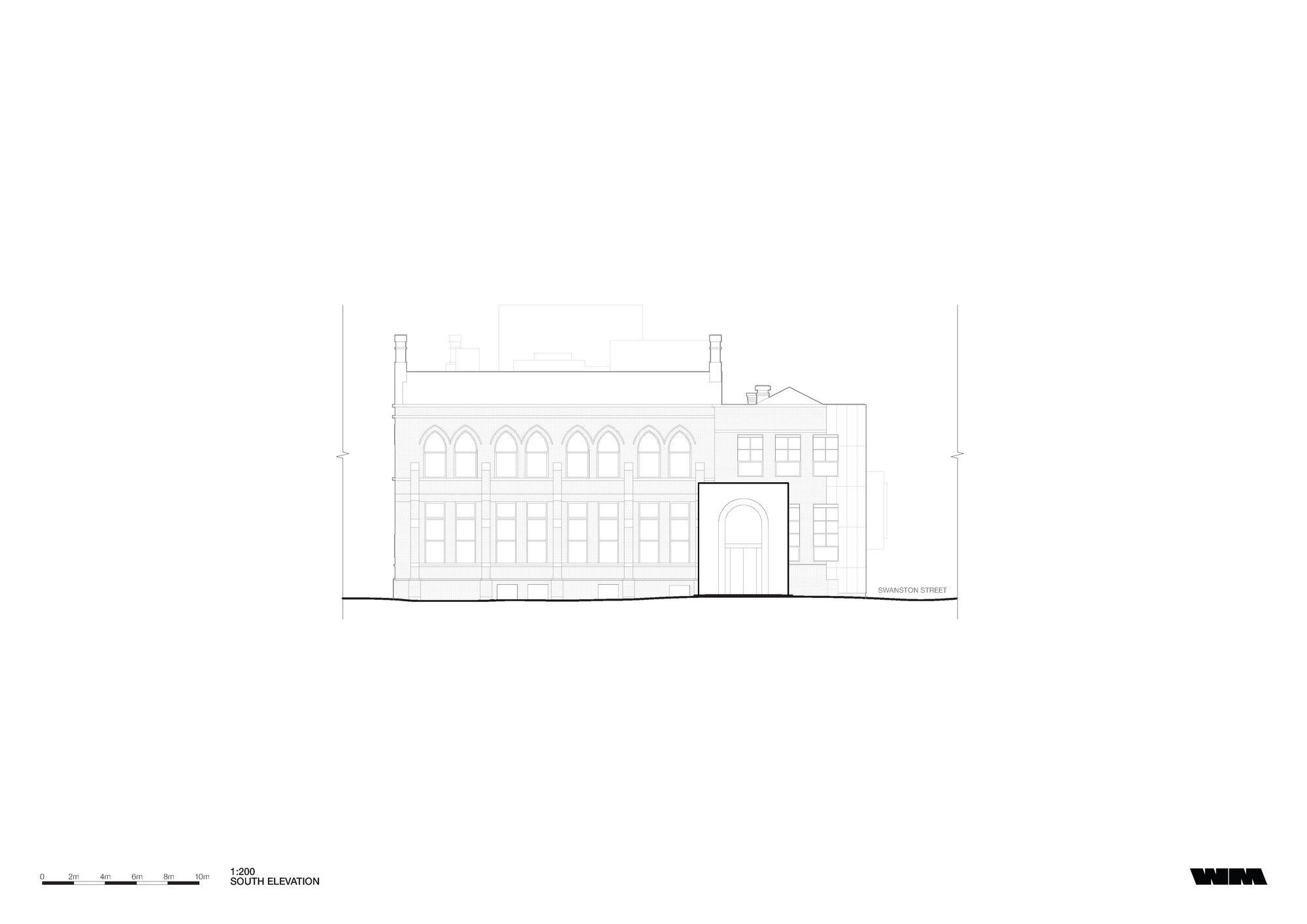 South elevation drawing showing an arched fenestration pattern and central arched entry with adjacent lower volume