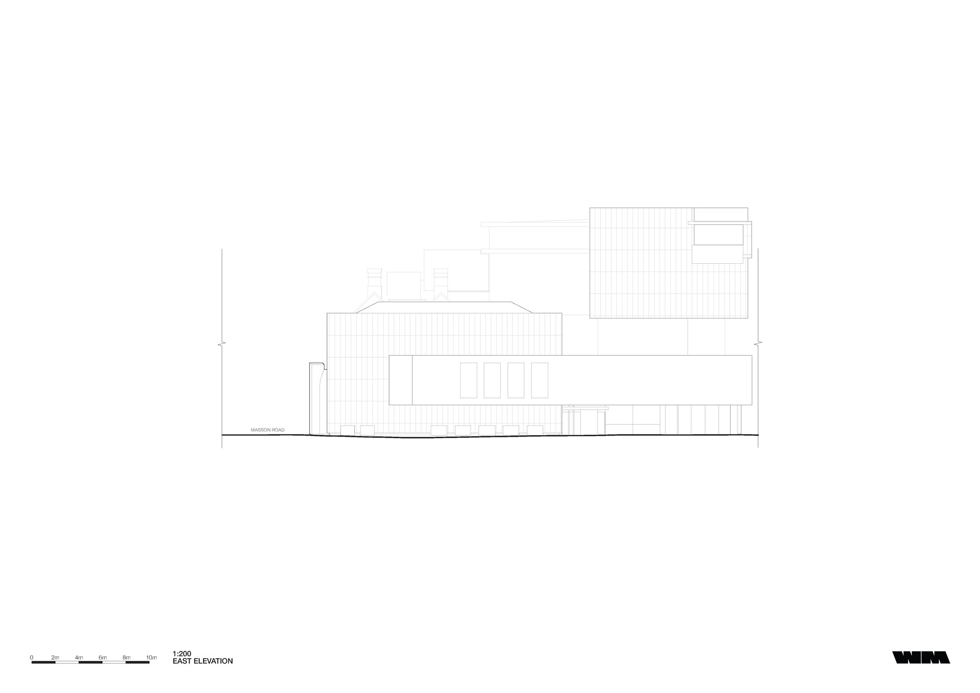 East elevation drawing illustrating a horizontally layered composition with vertical cladding and recessed openings