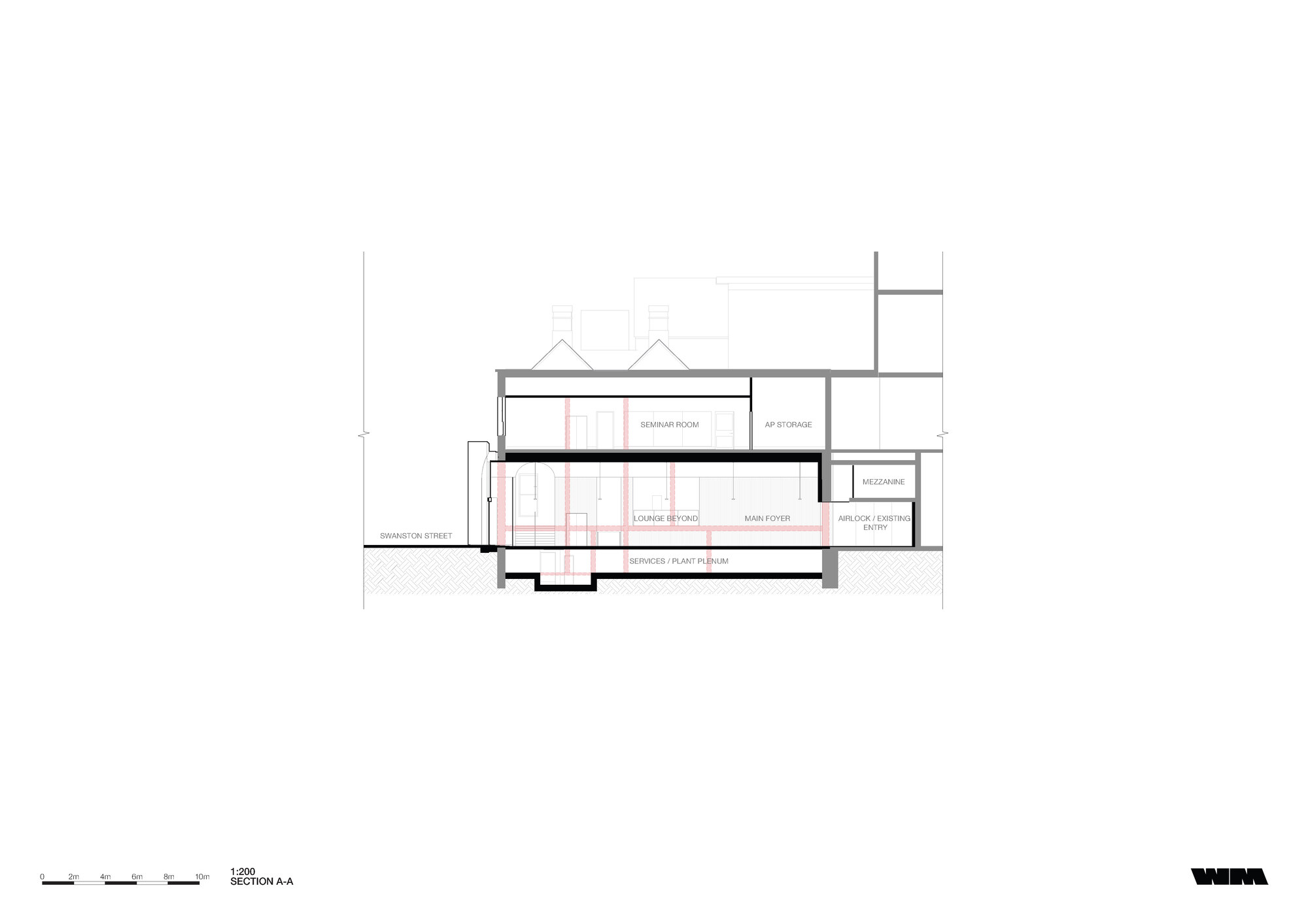 Section drawing through multiple interior spaces showing floor levels and a historic facade with arched openings