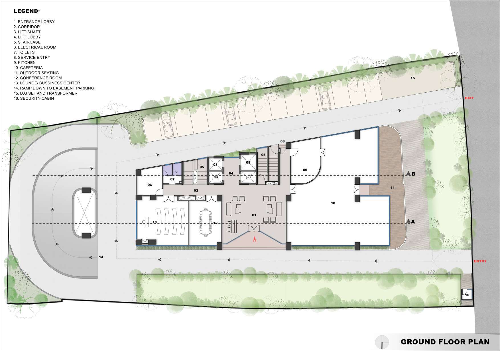 Ground floor plan drawing showing lobby entrance, parking area, and central courtyard with planted edges