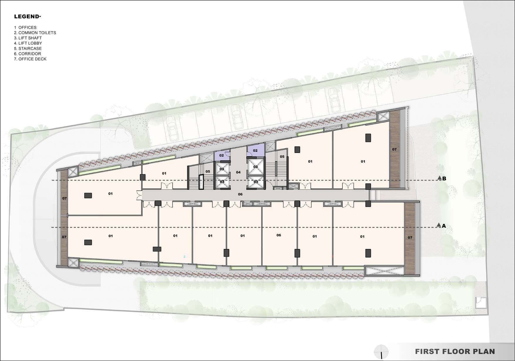 First floor plan drawing showing office layout with central service core and terrace along rear facade