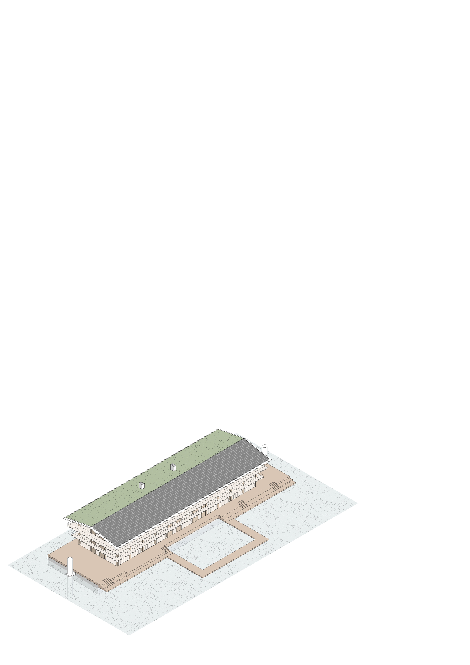 Axonometric drawing showing the linear building with green roof and adjacent water basin
