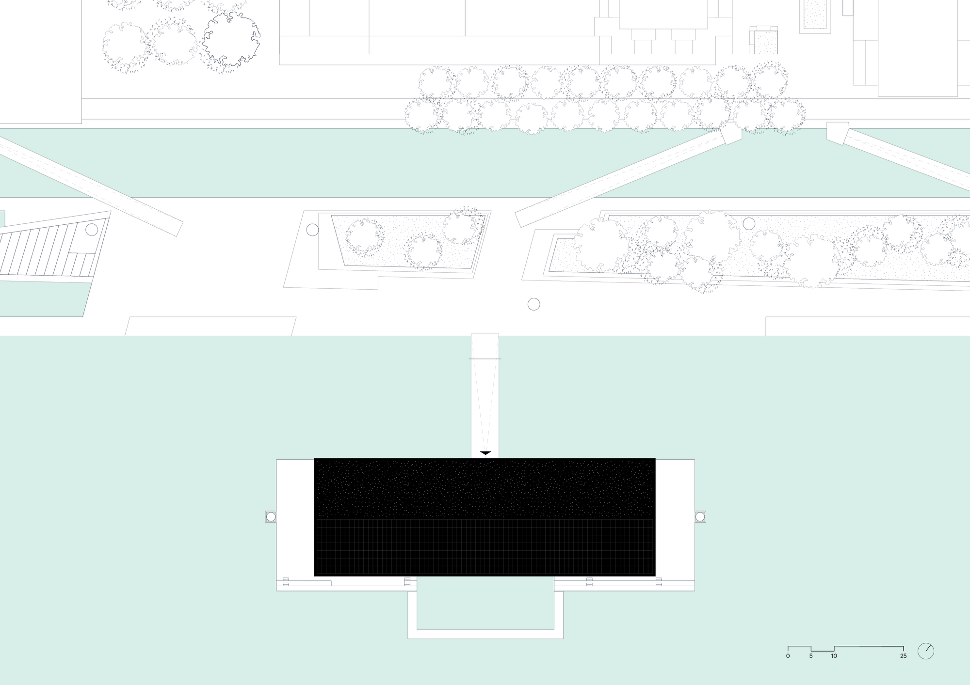 Site plan drawing showing the rectangular building footprint with tree-lined canal edges