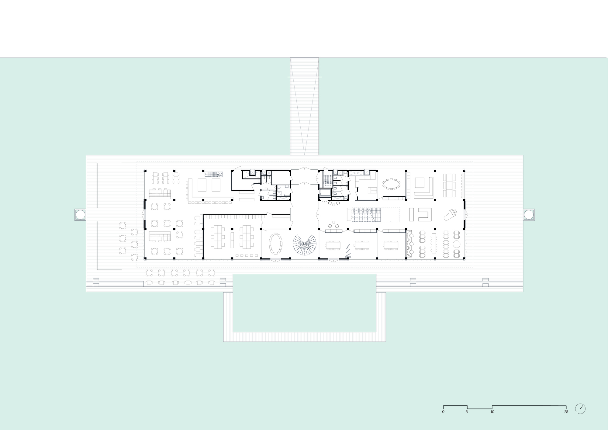 Ground floor plan drawing showing elongated rectangular layout with central courtyard and surrounding workspaces