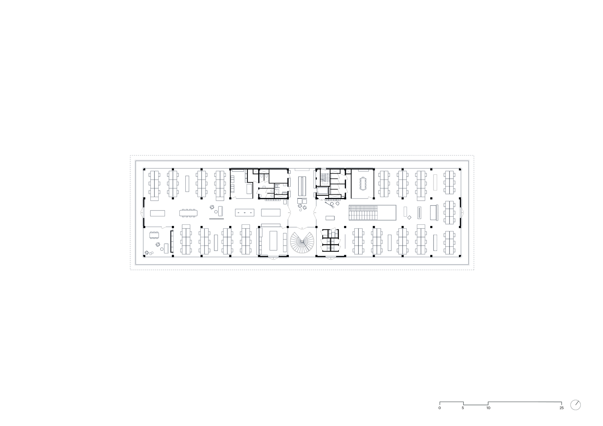 Upper floor plan drawing depicting open-plan workspace with central circular feature and perimeter offices