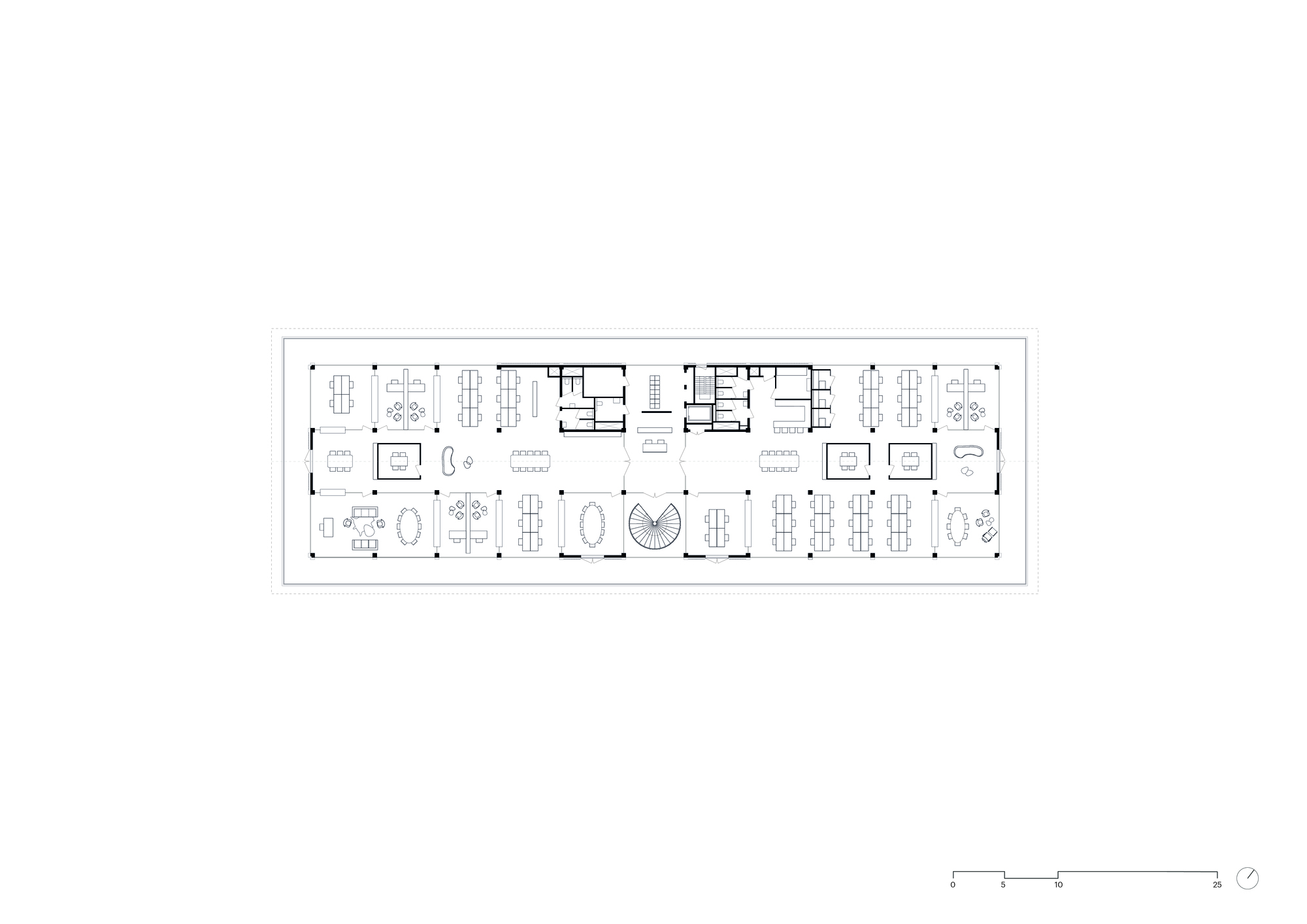 Floor plan drawing illustrating workspace layout with clustered meeting rooms and central circulation spine