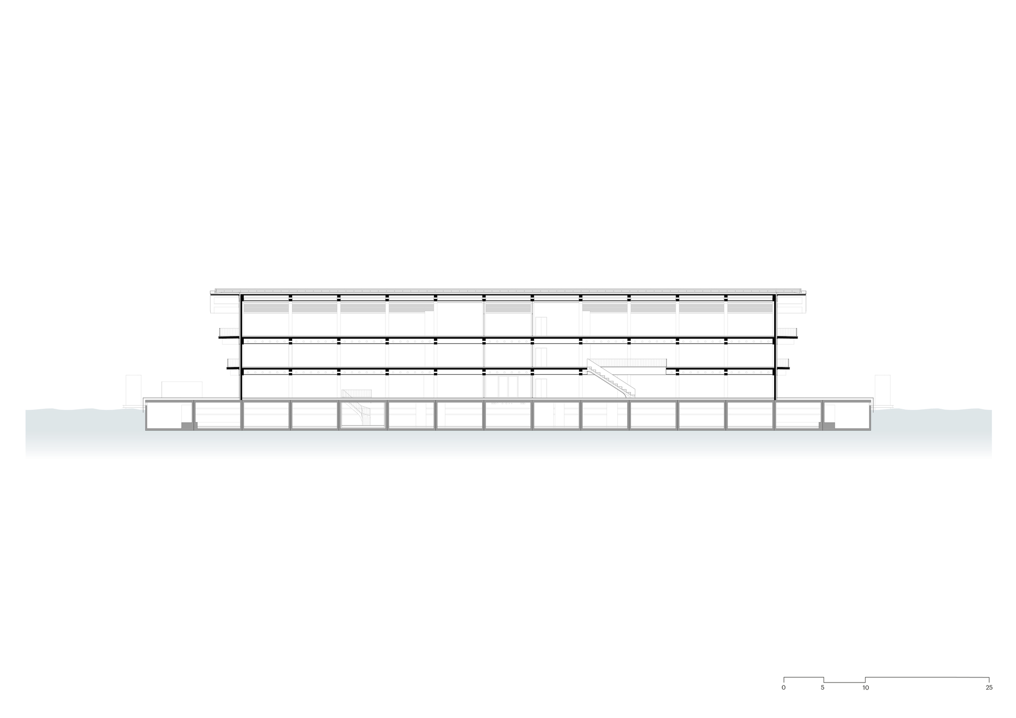 Section drawing showing three-story horizontal building with cantilevered upper floors and ground-level colonnade