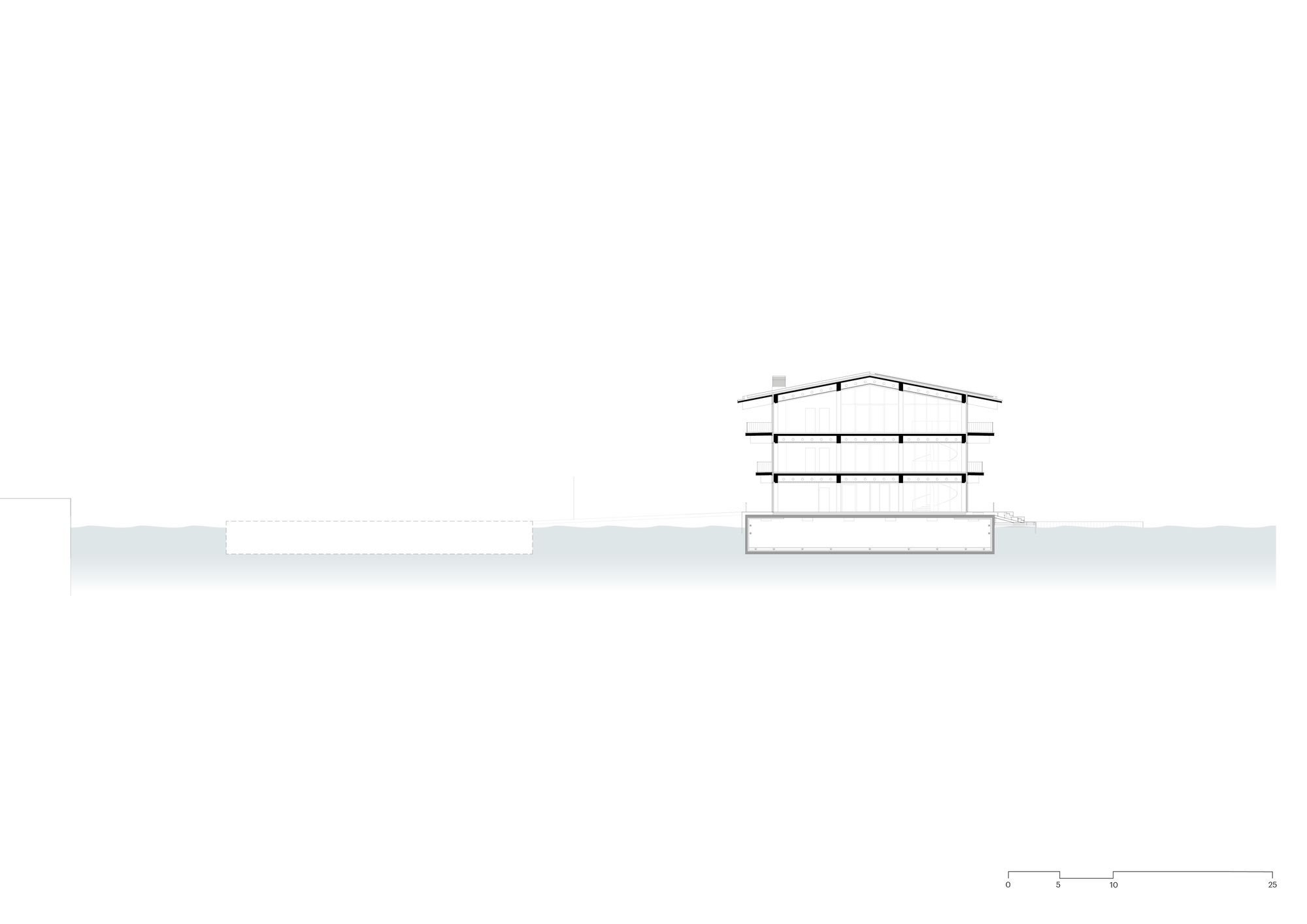 Section drawing revealing three-level structure with gabled roof set into sloping terrain