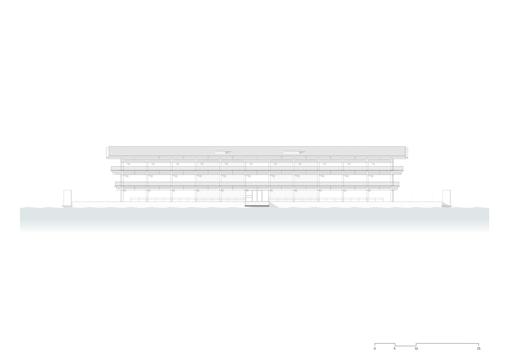 Elevation drawing showing a terraced horizontal structure with stacked overhanging roof layers