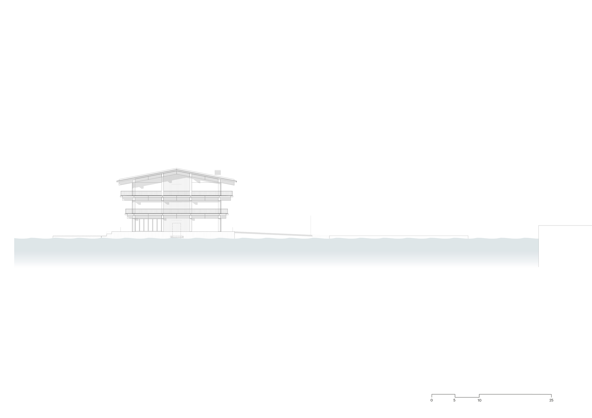 Elevation drawing depicting a gabled volume with vertical slats beneath tiered roof planes